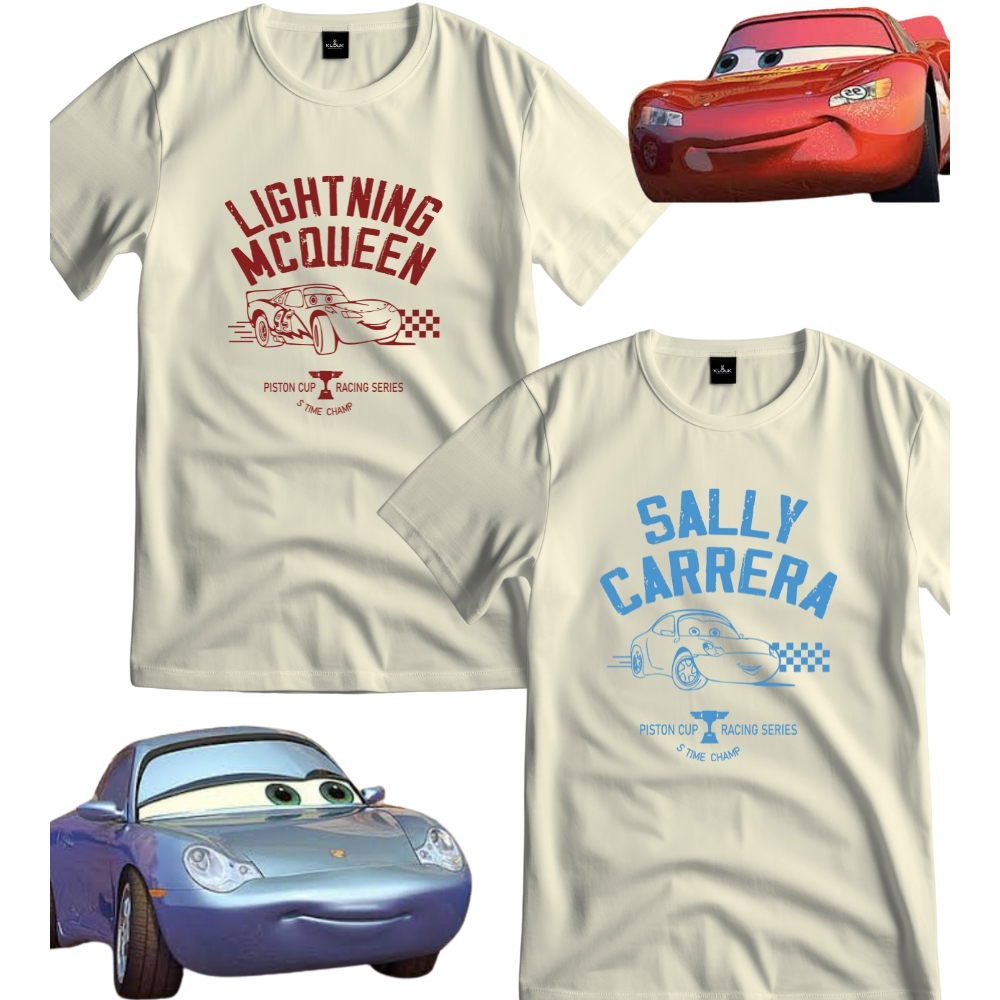 Camiseta 100% Algodão Personagens McQueen Sally Tom Mate Guido carros