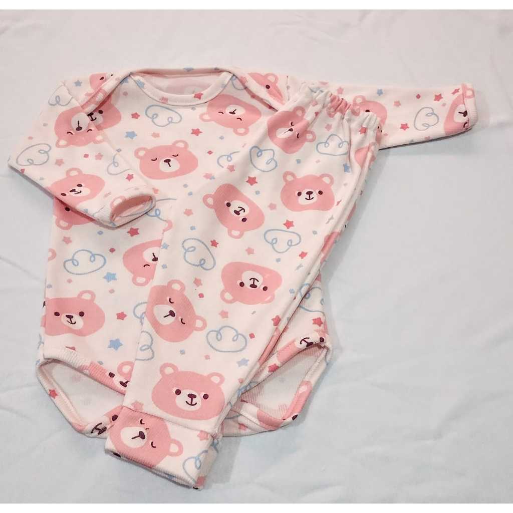 Conjunto menina body manga longa + calça com a estampa do ursinho rosa bebe.