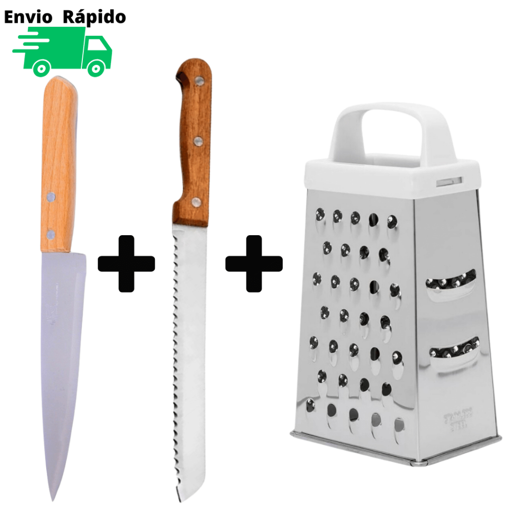 Faca Pão 8"+ Cozinha 7" + Ralador De Aço Inox 22 cm De 4 Faces De Corte Para Ralar Fatiar Alimentos Legumes Cabo Plástico Fatiador De Qualidade Resistente Faca Pão 8" Com Serra Cabo de Madeira em Aço Inox Serrilhada Para Pães Bolos Tortas