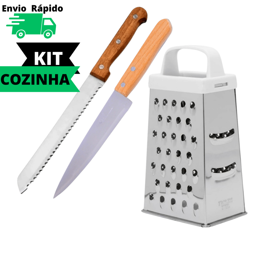 Kit Ralador 4 Faces Com Faca 7" E Faca Pão 8" Aço Inox 4 Faces De Corte Para Ralar Fatiar Alimentos Legumes Cabo Plástico Fatiador De Qualidade Resistente Faca Pão Serrilhada Cabo de Madeira Pães Bolos Tortas Faca De Cozinha Profissional 30CM SQ