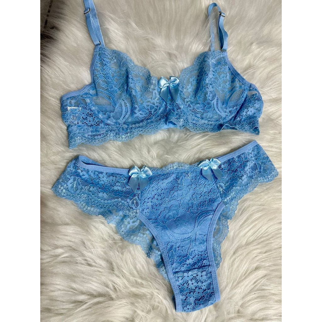 CONJUNTO FEMININO LINGERIE AZUL RENDADO SUTIÃ COM ARO FIO RENDADO SENSUAL LUXO MODA INTIMA ATACADO..