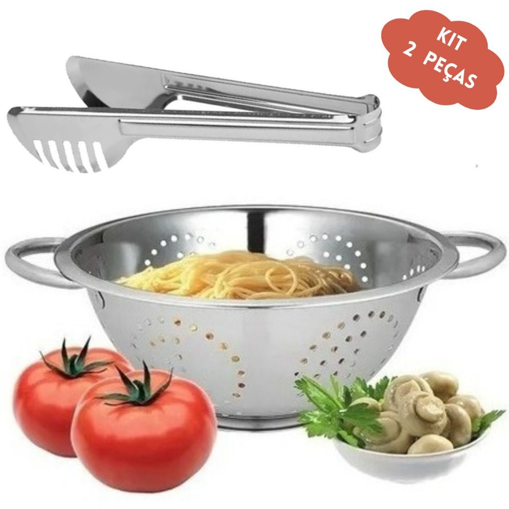 Kit Escorredor de Macarrão Inox 30cm Reforçado Cozinha Multiuso com Alça Pegador Oferta