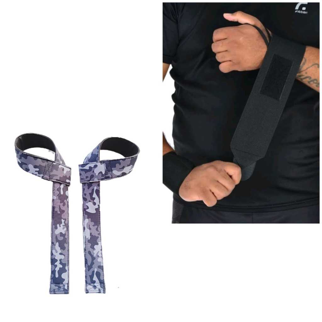 Par Munhequeira Profissional Crossfit Premium +1 Par Tala Straps Militar Azul Normal