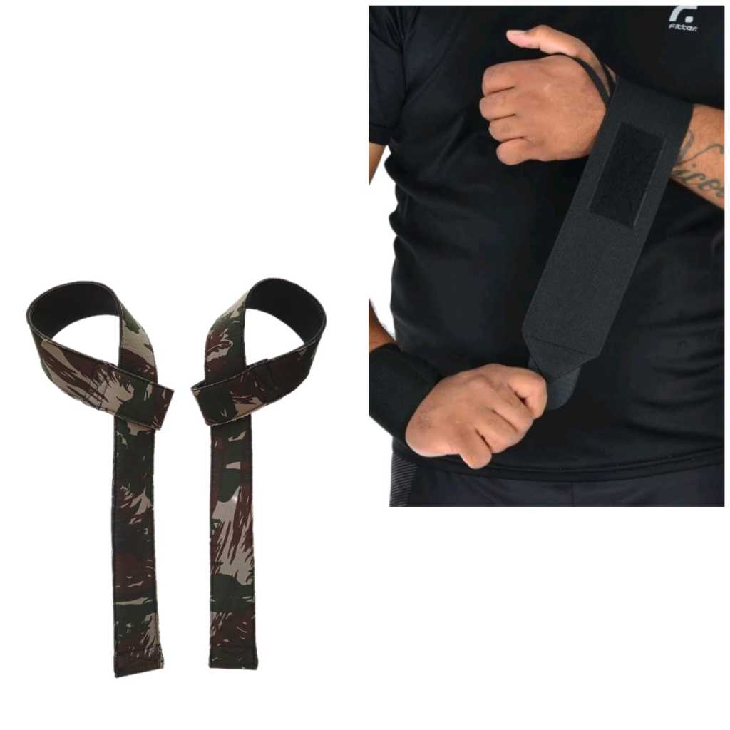 Par Munhequeira Profissional Crossfit Premium + 1 Par Tala Straps Militar Verde Normal