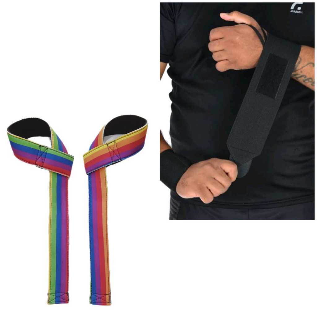 Par Munhequeira Profissional Crossfit Premium + 1 Par Tala Straps Arco-ires Normal