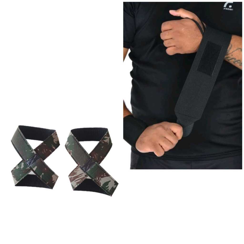 Par Munhequeira Profissional Crossfit Premium + 1 Par Tala Straps Militar Verde Formato 8