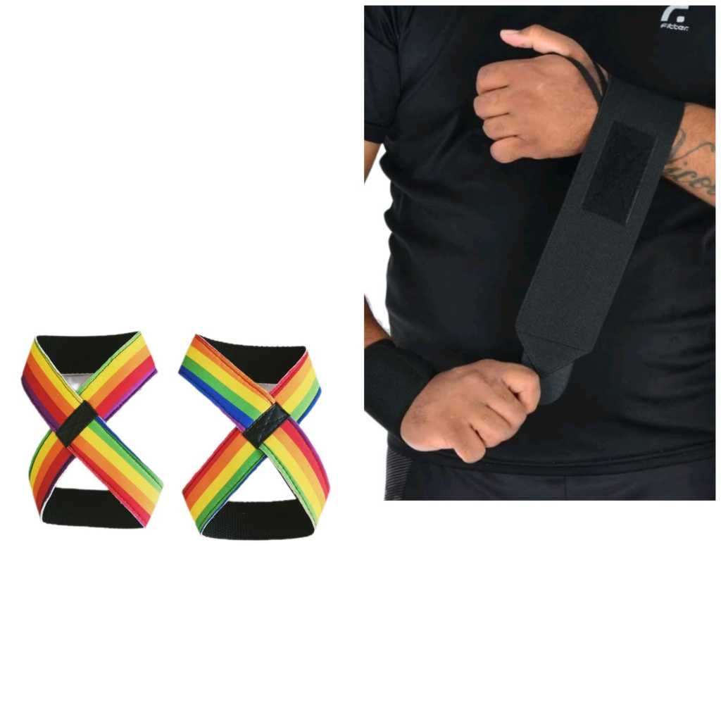 Par Munhequeira Profissional Crossfit Premium + 1 Par Tala Straps Arco-ires Formato 8