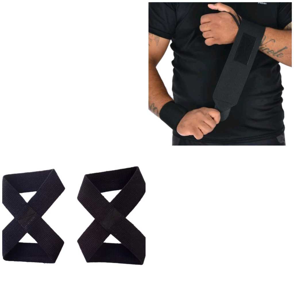 Par Munhequeira Profissional Crossfit Premium + 1 Par Tala Straps Preto Formato 8