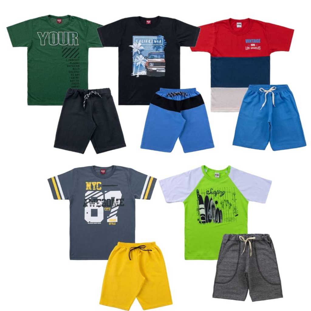 Kit Sortido 10 Peças Conjuntos 5 Camisetas Manga Curta + 5 Bermudas Menino Infantil