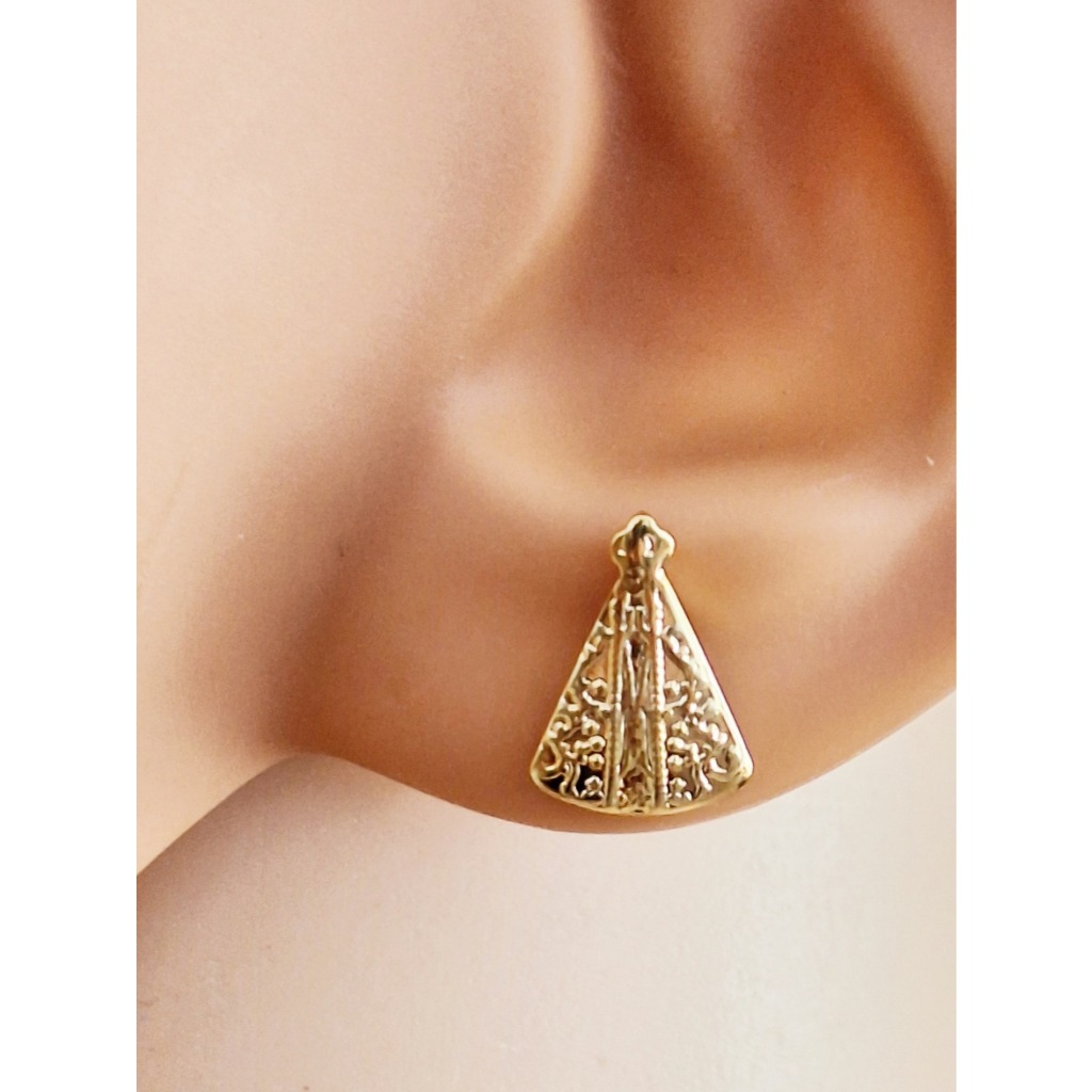 Brinco Solitário Pequeno Nossa Senhora Aparecida Folheado Ouro 18k Antialérgico