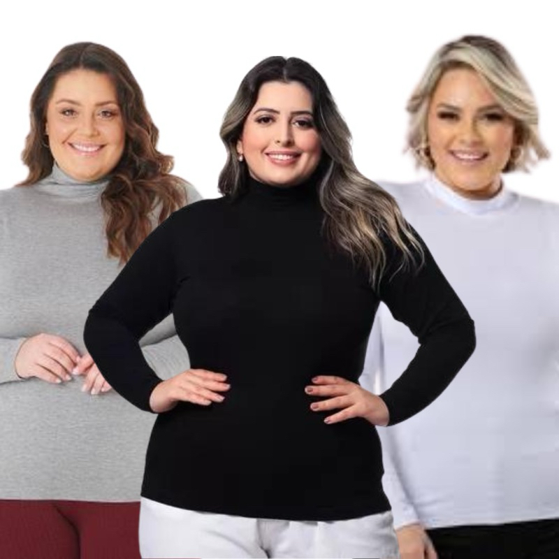 Kit 3 blusas básicas plus size segunda pele cacharrel manga longa gola alta moda feminina blusa de frio térmica suplex