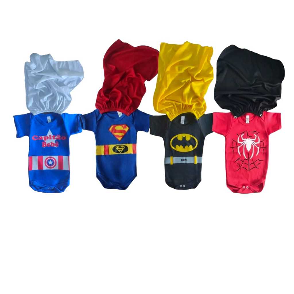 4 Peças - Body Capa Super Man Batman Homen Aranha Capitão América Super Heroi Fantasia Mêsversário Bebê
