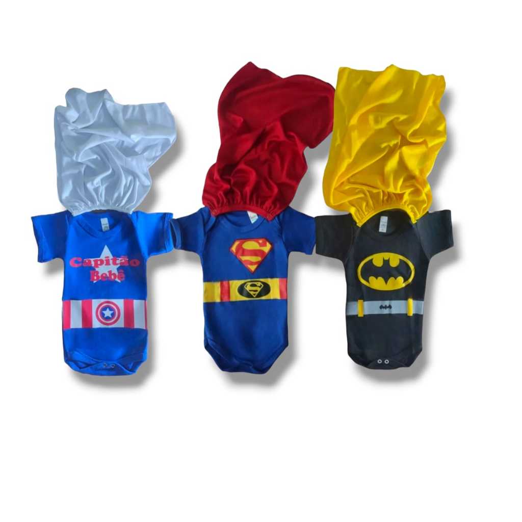 Kit 3 Peças - Body Capa Super Man + Batman + Capitão América Super Herói Menino Mêsversário