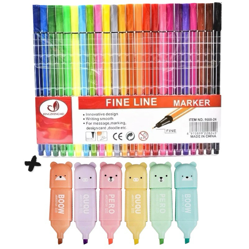kit 24 Canetas Coloridas Fine Line Ponta Fine 0.4 mm + 6 Mini Marca Texto Ursinhos Cactos Coloridos