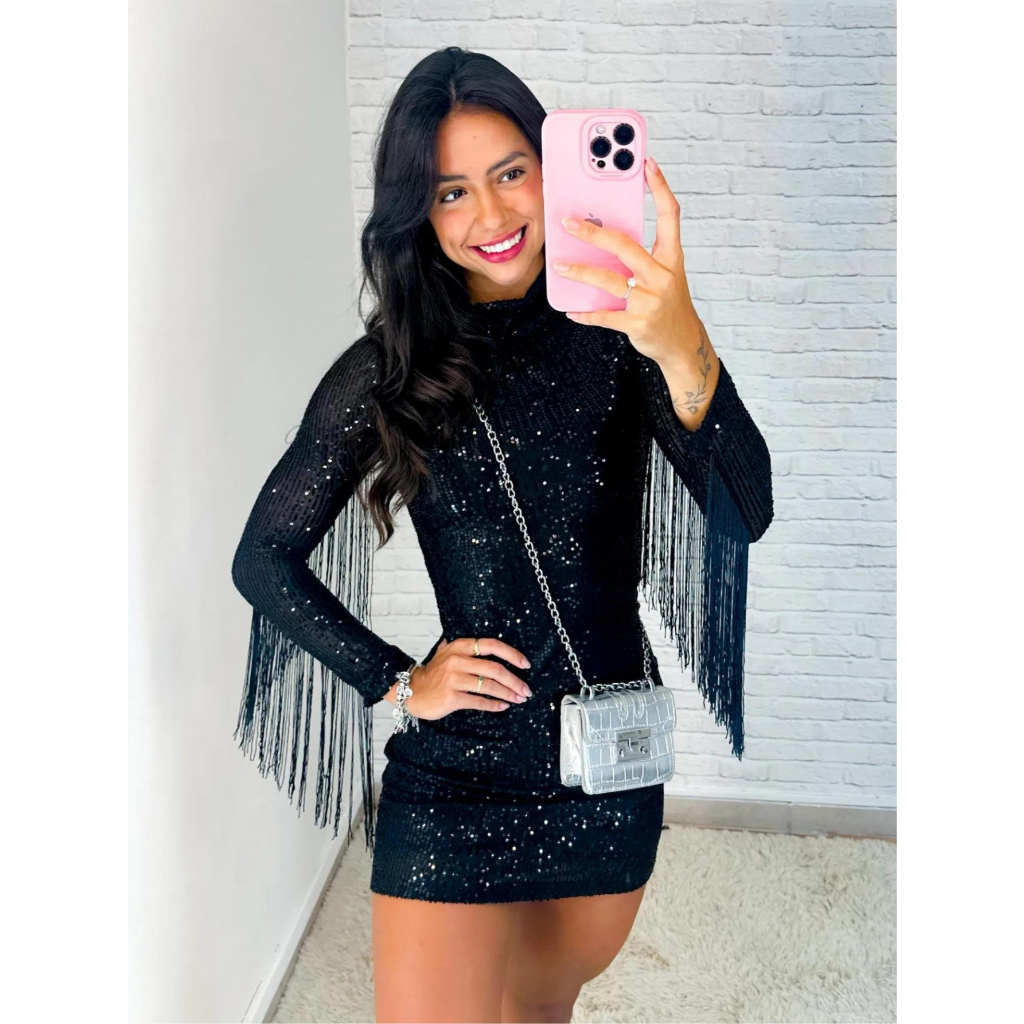 Vestido feminino moda pecuária em paetê festa country manga longa franjas brilho gola alta...