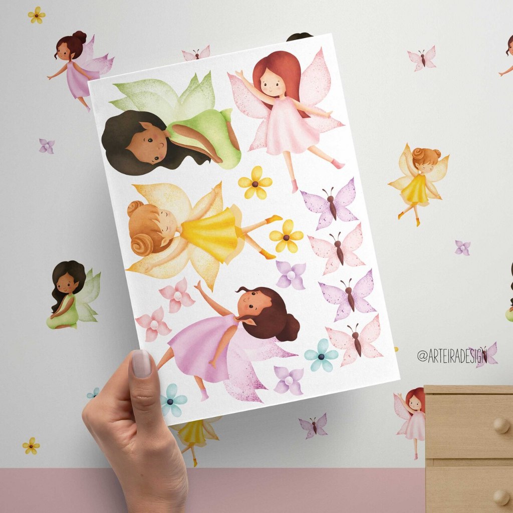 Kit com 96 adesivos de parede Fadinhas Jardim Aquarela quarto de menina