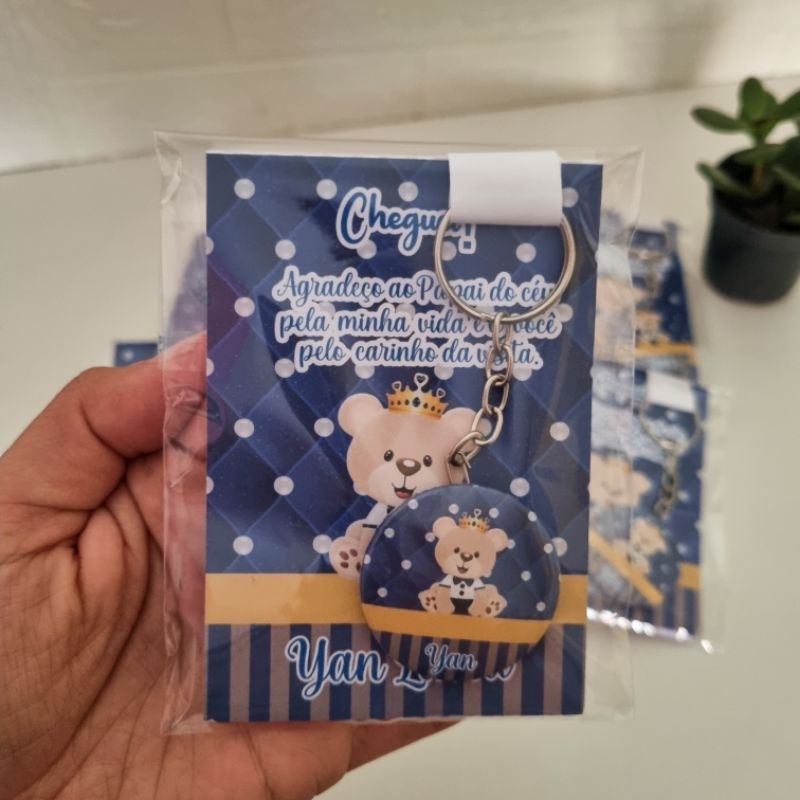 kit Lembrancinha Maternidade Ursinho Príncipe Realeza Bloquinhos + Chaveiros Personalizados Nacimento do bebê