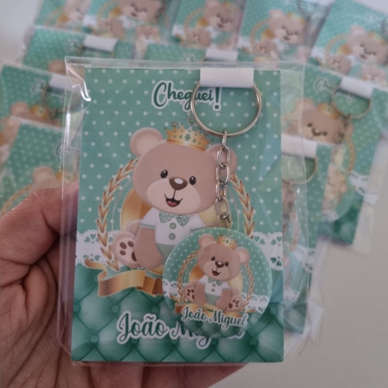 kit Lembrancinha Maternidade Ursinho Príncipe Verde Personalizado com Nome do seu Bebê Bloquinhos + Chaveiros Nascimento
