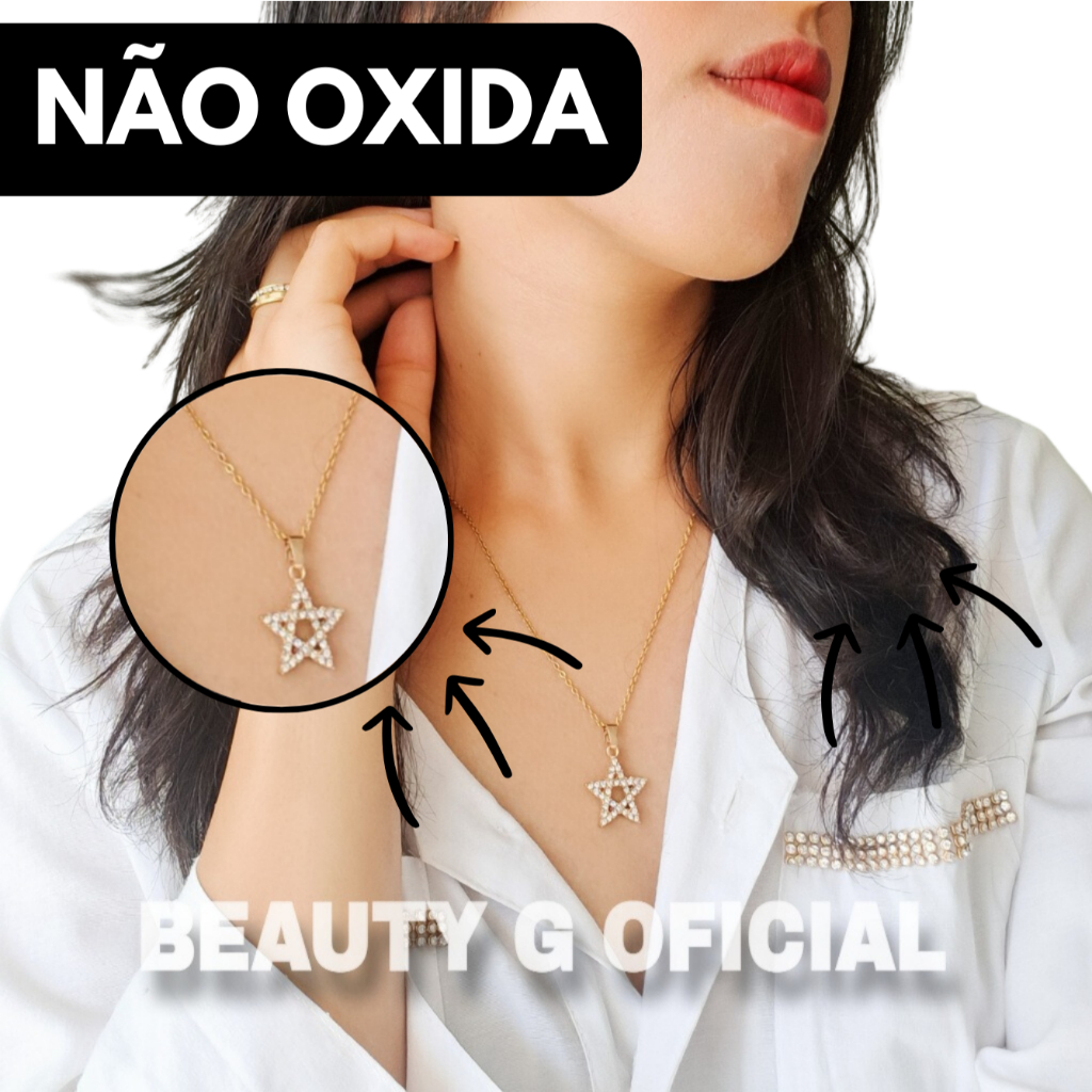 Colar Feminino Com Pigente Cravejado de Coracao Estrela e Borboleta em Aço Inox Nao Escurece Dourado ou Prata Acessórios Elegante