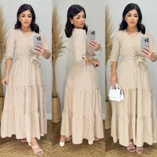 VESTIDO FEMININO LONGO MANGA 3/4 CREPE SEDA LISTRADO em Oferta na Shopee