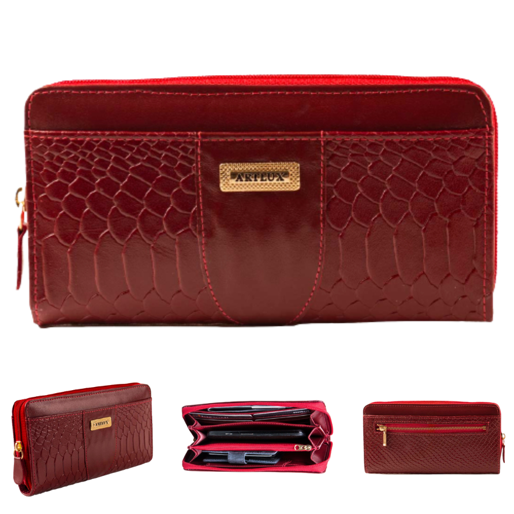 CARTEIRA FEMININA ARTLUX 351 VERMELHA EM COURO BOVINO LEGÍTIMO PREMIUM COM ZÍPER
