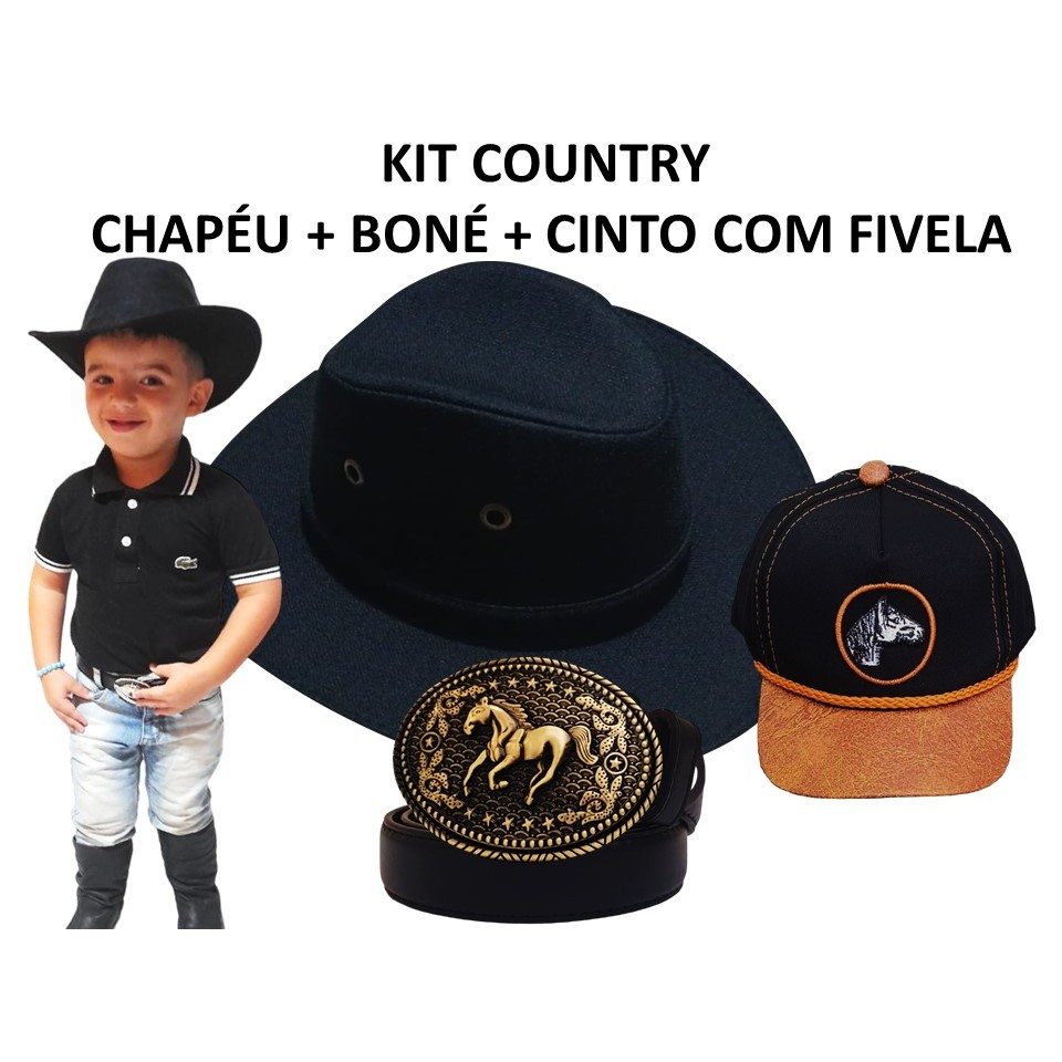 KIT COUNTRY INFANTIL CINTO FIVELA + CHAPÉU + BONÉ COWBOY SERTANEJO CAVALGADA FESTA JUNINA