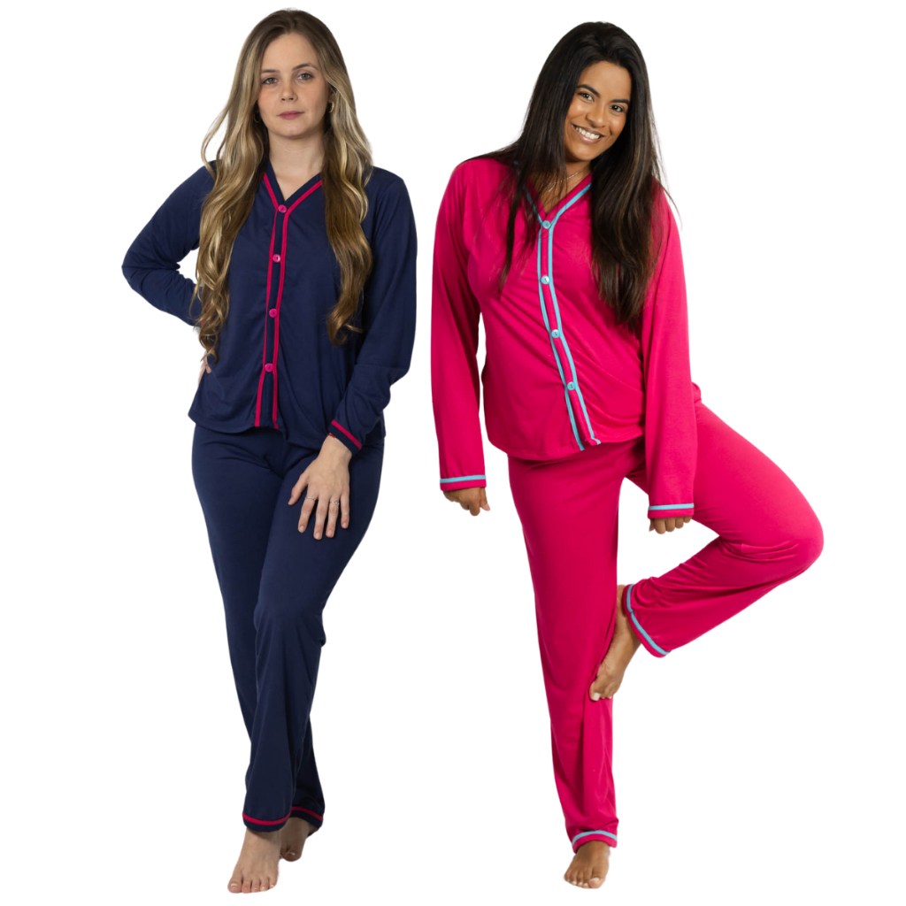 kit 2 pijamas longo de inverno feminino adulto de botão para amamentação
