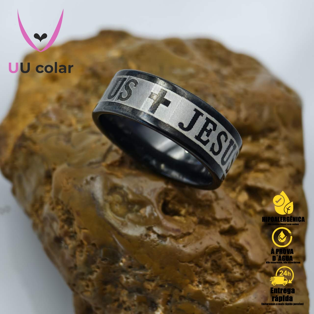Conjunto de 3 anéis cristãos de aço inoxidável 316L com símbolo de Jesus - unissex 8 mm - religioso — imagem 2 de 2