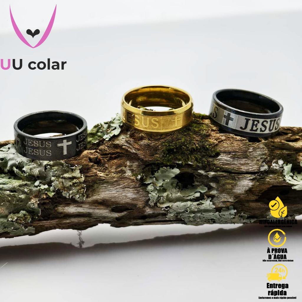 Conjunto de 3 anéis cristãos de aço inoxidável 316L com símbolo de Jesus - unissex 8 mm - religioso