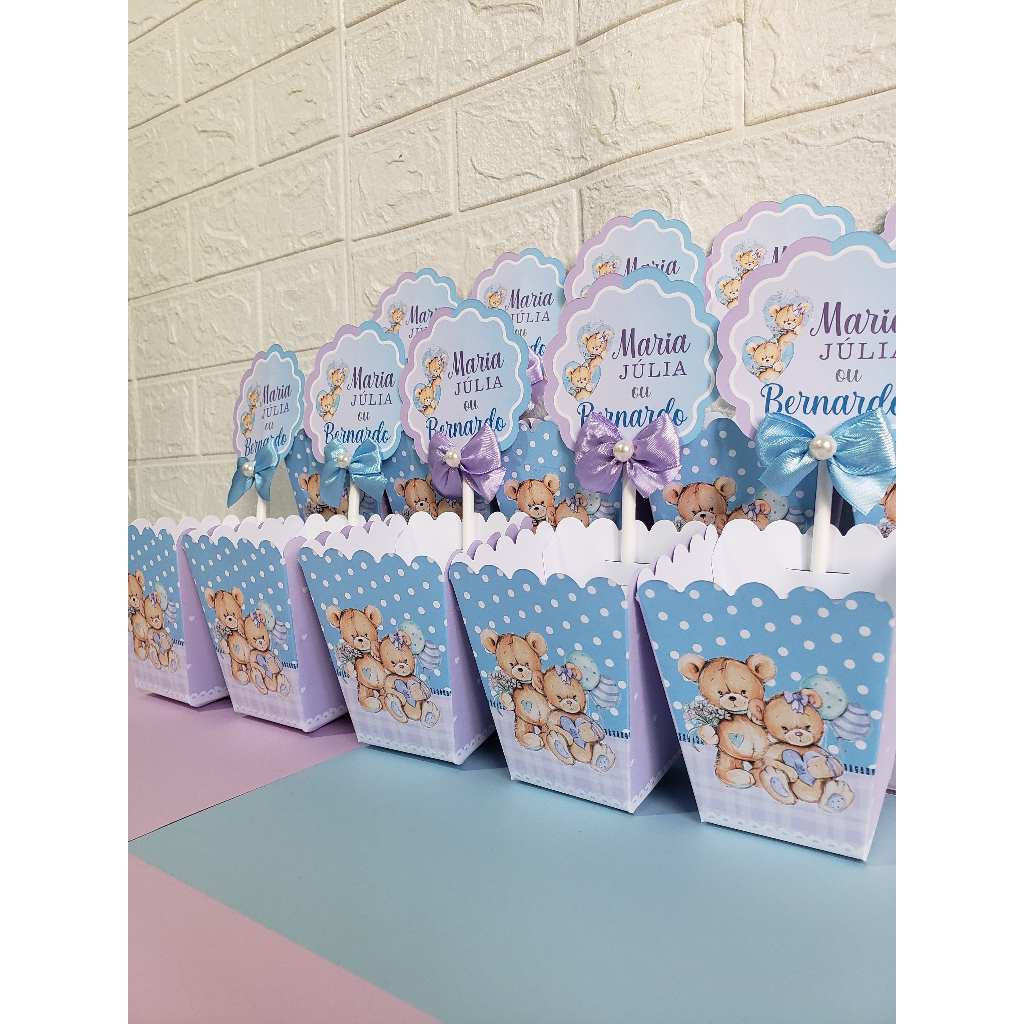5 Unid centro de mesa cachepot personalizado enfeite de mesa chá revelação ursinhos cor azul e lilás - pegue e monte ou montado