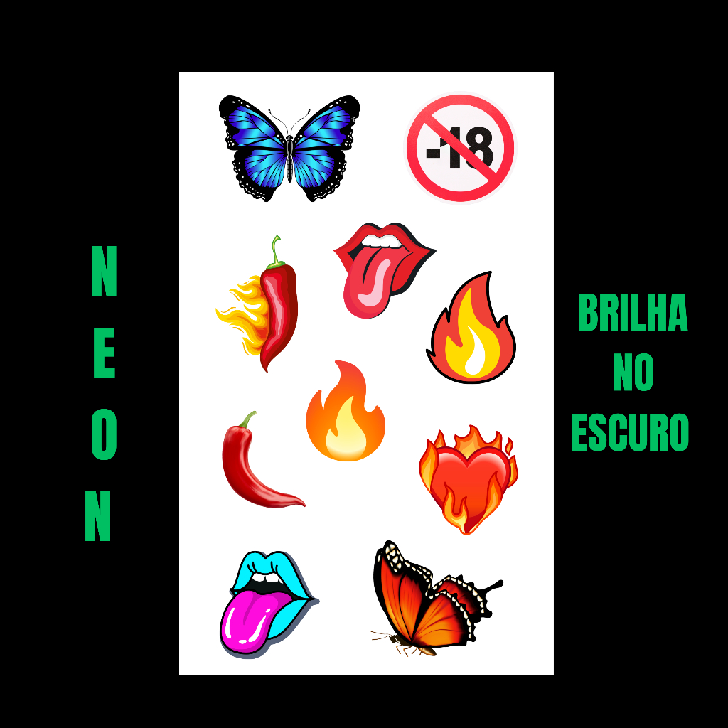 10 Tatuagens Temporárias NEON - BRILHA NO ESCURO Prova D'água Depilação Tatuagem Temporária