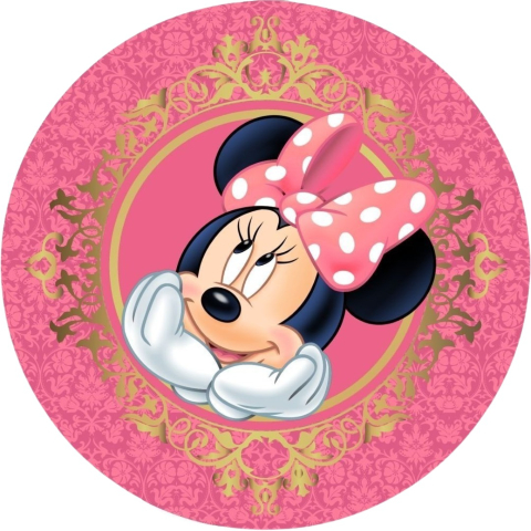 Painel Festa Infantil Redondo Minnie Fundo Delicado Rosa com Dourado + Arco, Suporte incluso. Fazemos personalizado com qualquer tema. Confeccionado em Lona fosca, impressão de alta resolução. cenário Circular p/ Decoração