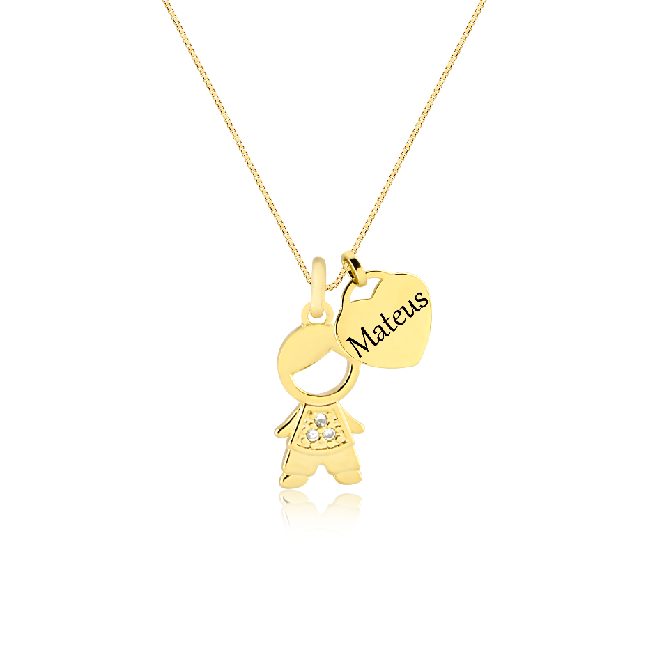 Colar Pingente Barra Personalizado + Pingente Filho Banhado Ouro 18k