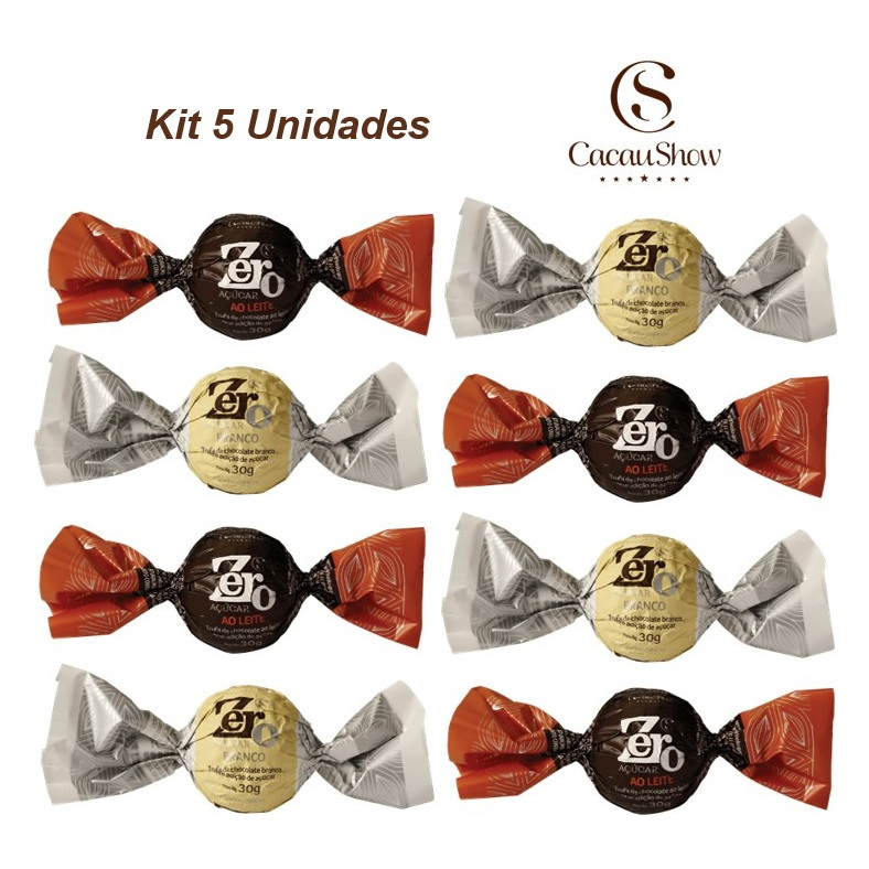 Kit 5 Trufas Zero adição Açucar Cacau Show 30g - Ao Leite e Branco SORTIDOS Chocolate Cacau Show