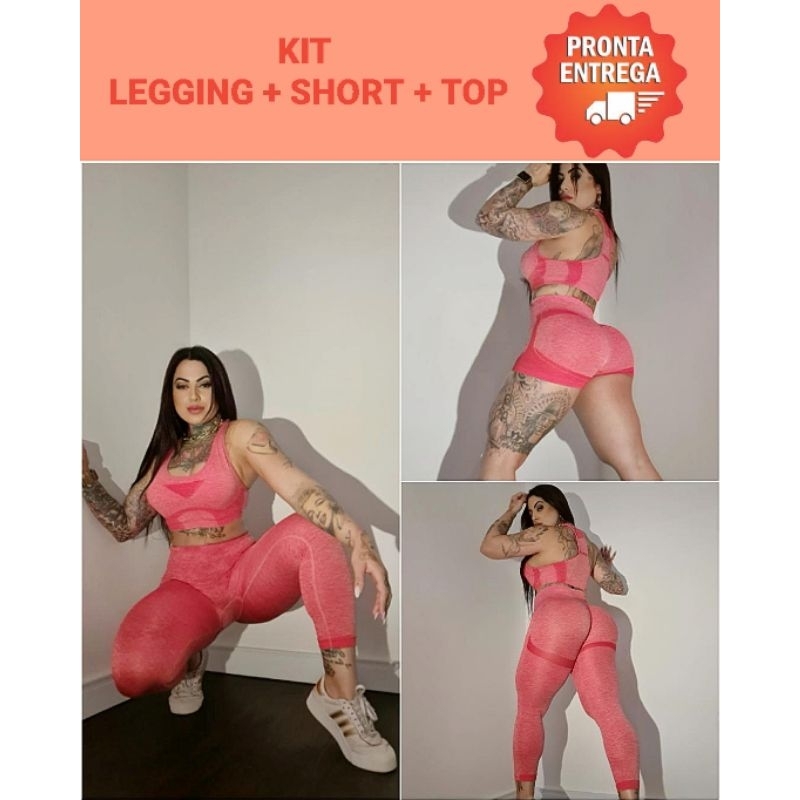 Kit Conjunto Com 3 Peças: Top + Legging + Short Para Academia Esportivo Fitness Confortável Cintura Alta Modeladora Empina o Bumbum