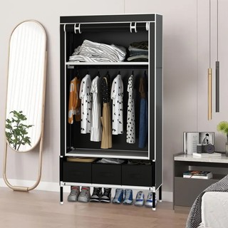 Arara Cabideiro de Roupas com Sapateira Prateleiras Organizador Multiuso em Aço Inox Preto【12】
