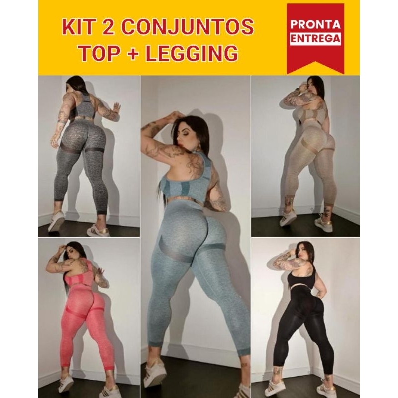 Kit 2 Conjuntos: 4 Peças Top + Legging Para Academia Esportivo Fitness Confortável Cintura Alta Modeladora Empina o Bumbum