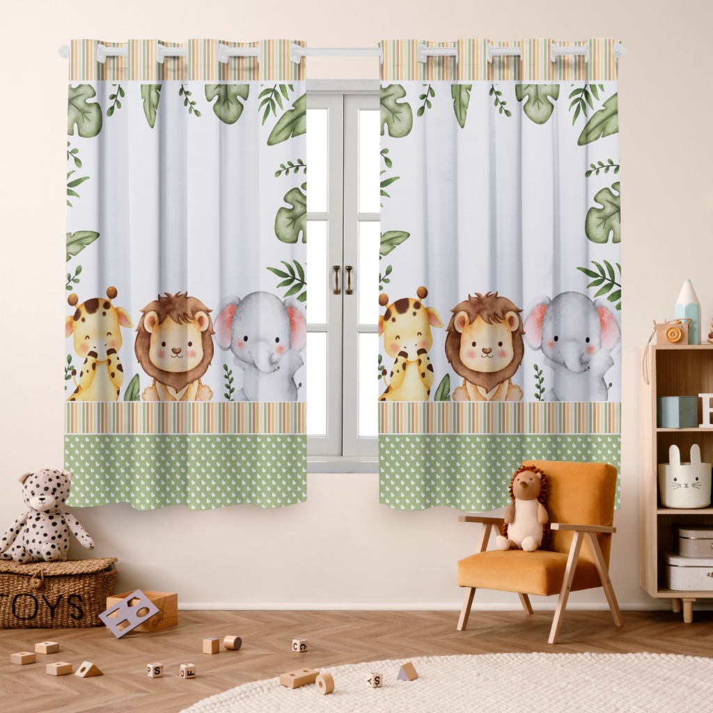 Cortina Infantil Safari Baby 2,00x1,50mt (Decoração, Quarto, Menino, Menina, Bebê)