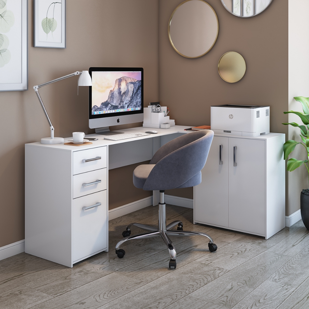 Mesa de Escritório em L 2 Gavetas 3 Portas  Denver