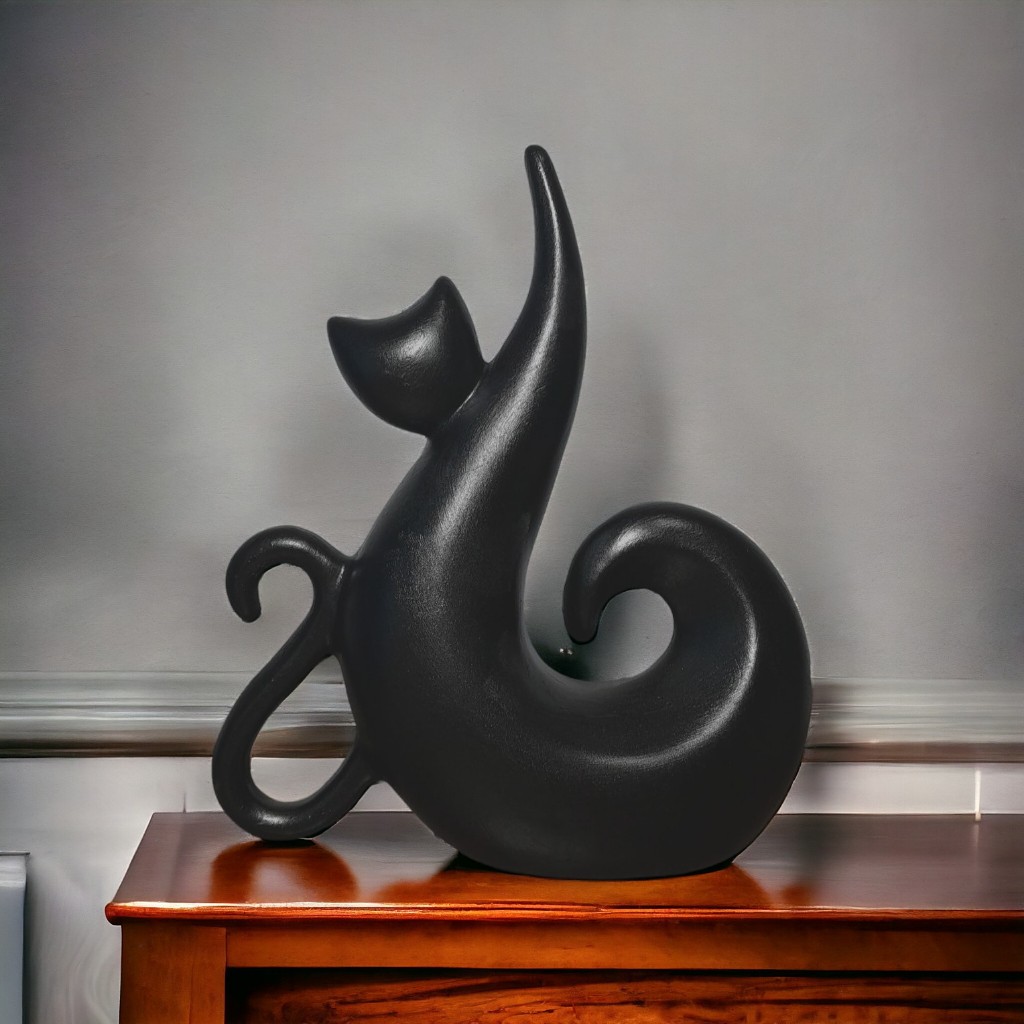 Enfeite Estatueta Gato Lua em Pé Decoração Cerâmica Rack Moderno Sala Casa Luxo Mesa Chique