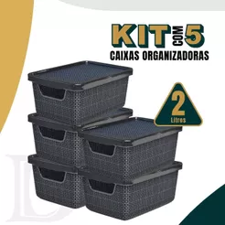 Kit 5 Caixa Organizadora Jutta Preto 2 Litros Organizador de Maquiagem Calcinhas Gavetas Bijoteria