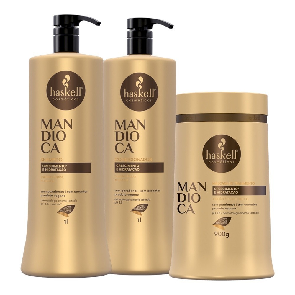 KIT Mandioca Shampoo 1 Litro,Condicionador 1 Litro e Máscara 900Gr para Hidratação e Crescimento Haskell Mandioca Kit