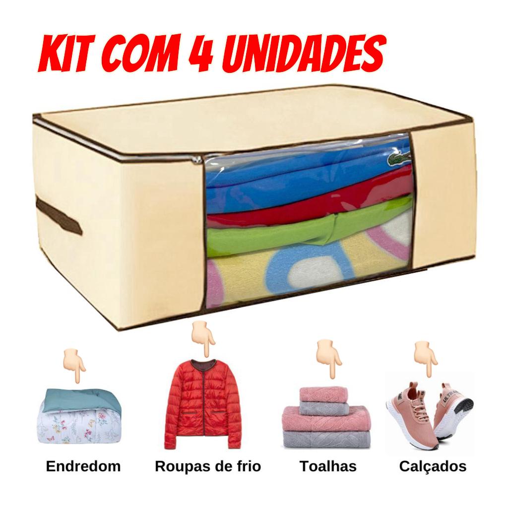 Kit 4 caixa organizadora para roupas e calçados/edredon/roupa de frio 45x45x20cm Creme - Organizalux