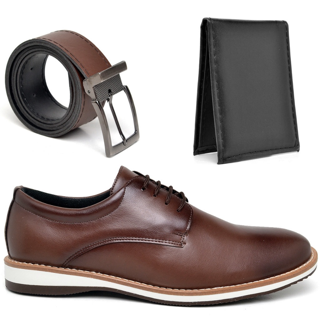 Kit Sapato Casual Masculino Oxford Cinto Carteira Couro Preto Marrom Sapatenis Presente Di...