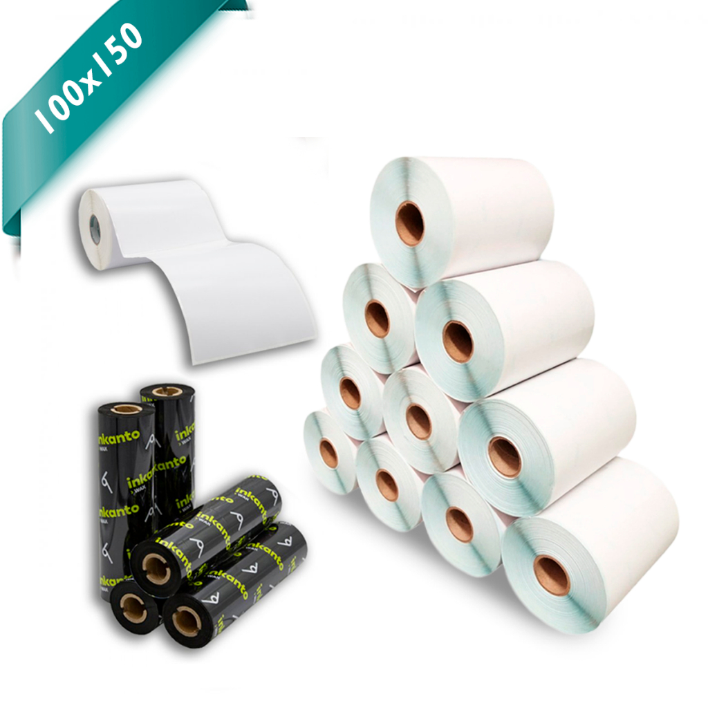 10 Rolos Etiqueta 10x15 100x150 Couche Adesiva Serrilha + 5 Ribbons Cera 110x74 para E-Commerce