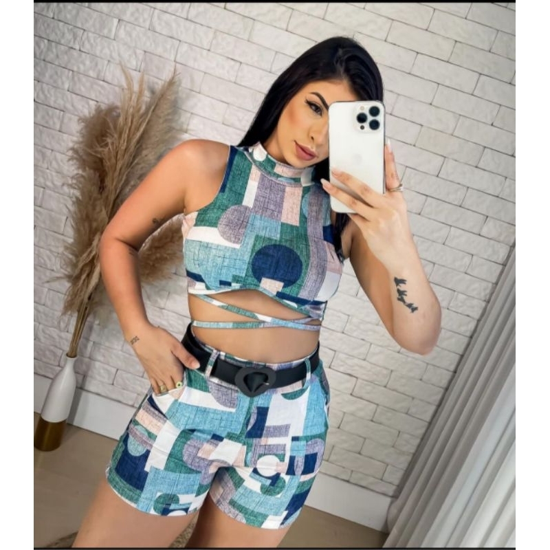 Conjunto Feminino Short e Blusa com Cinto. Conjuntinho Estampado