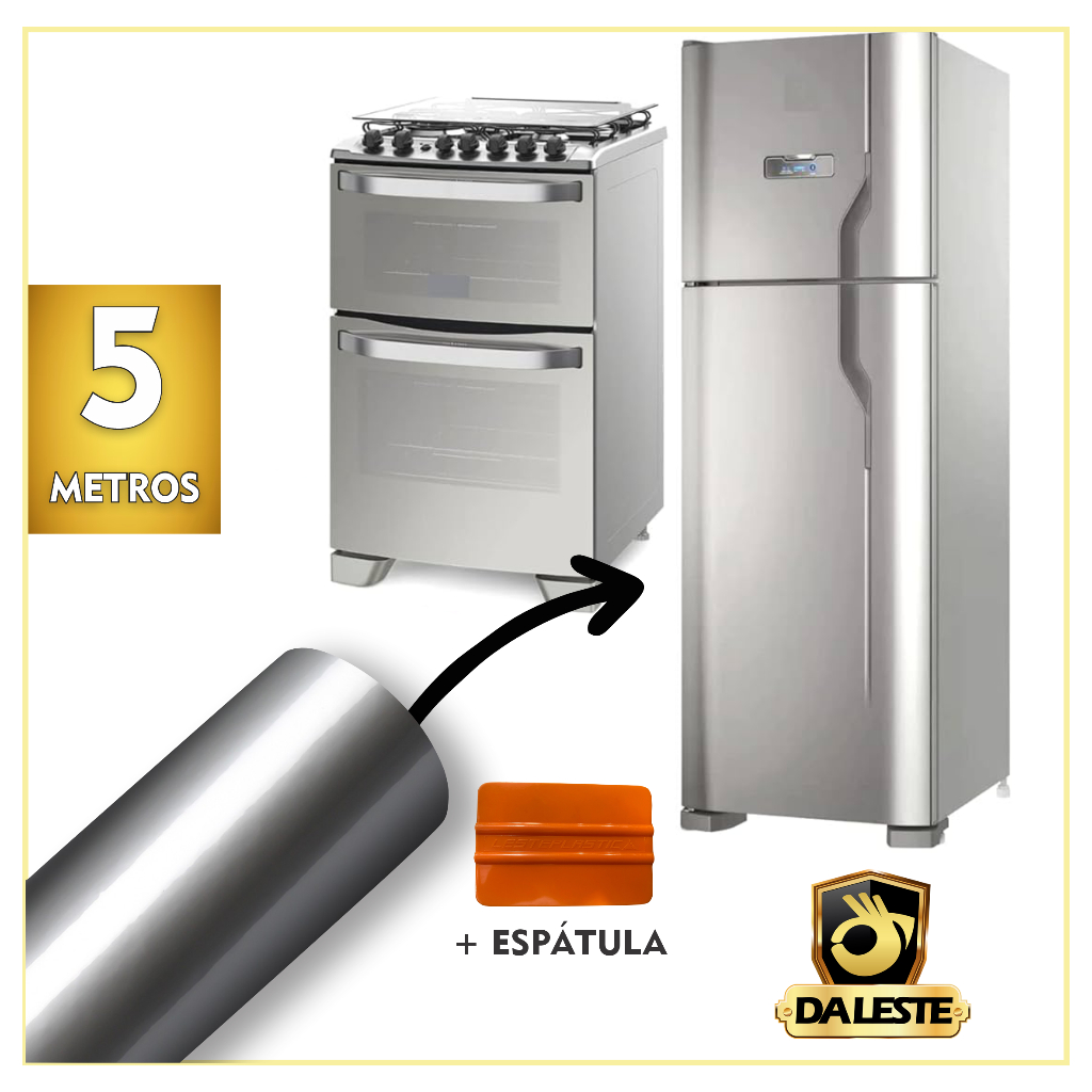 5 Metros Adesivo Película Vinil Prata Inox Impermeável Fogão Geladeira Móveis + Espatula P Aplicação