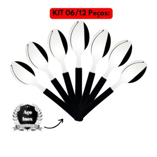 Kit Jogo 06/12UN Colher Aço Inox Sopa Color Cabo Preto Original Line Utensílios Almoço Jantar Cozinha Refeitório Restaurante Mesa Posta