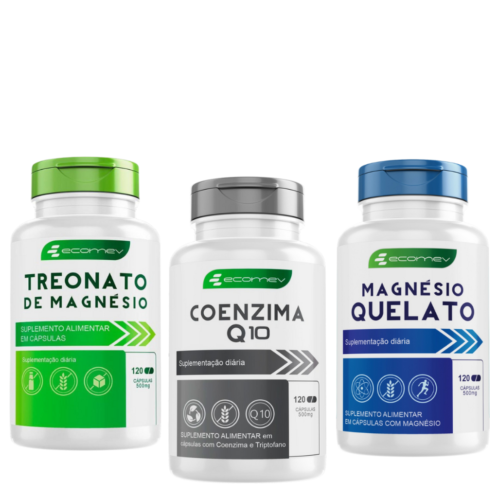 Kit Magnesio L Treonato Quelato Coezima Q10 Ubiquinol Puro Absorção 500mg 360Cáp Ecomev