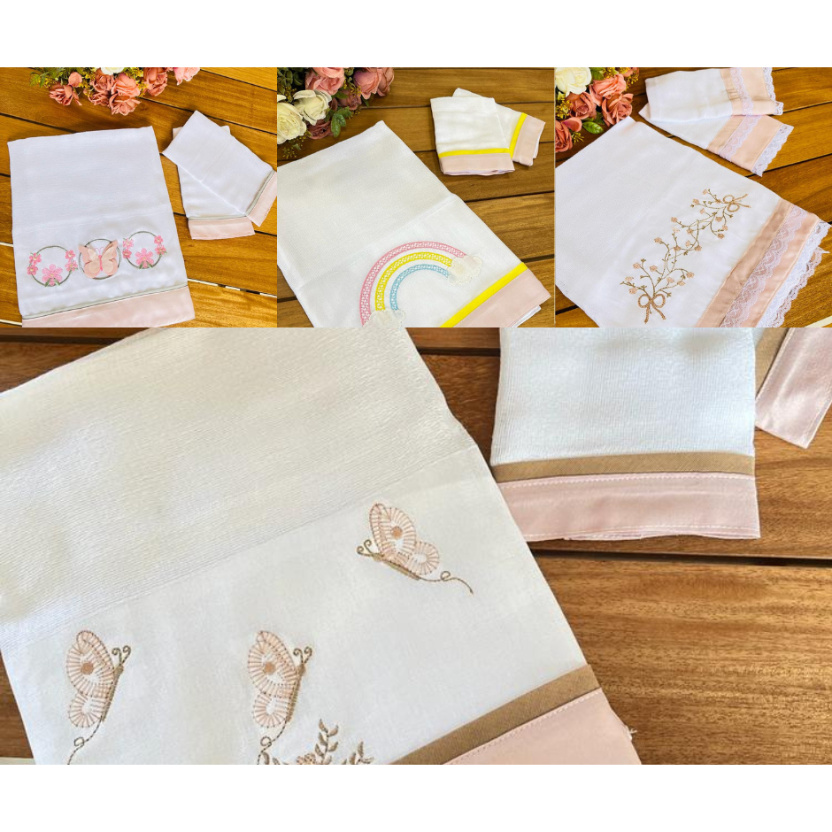 Kit Fralda De Ombro E Boca Para Bebê/Meninas/Vários temas/ Borboletas Rose/floral